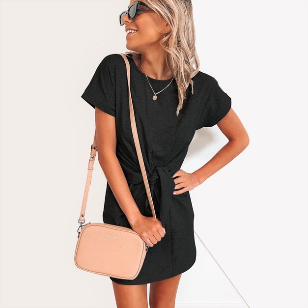 時尚風 夏季綁帶短袖洋裝素色