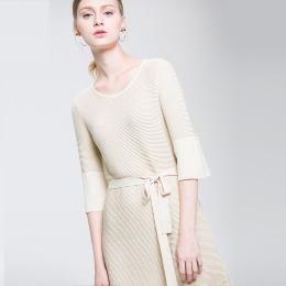 條紋簡約連衣裙 腰綁帶七分喇叭袖針織洋裝