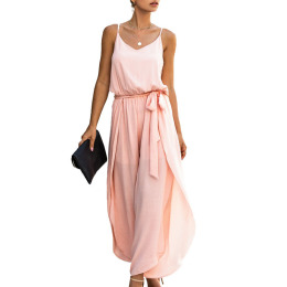 時尚風 V領吊帶闊腿側開叉女連身褲