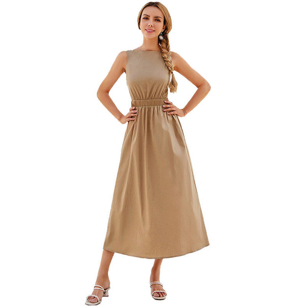 素色無袖 圓領露背吊帶長款洋裝