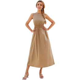 素色無袖 圓領露背吊帶長款洋裝