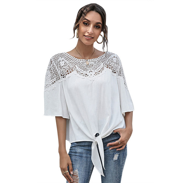 圓領素色 鉤花鏤空綁帶長袖T恤上身