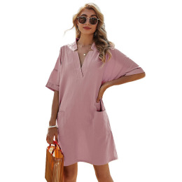 休閒寬鬆 素色V領叉腰口A字裙袋短袖連身裙