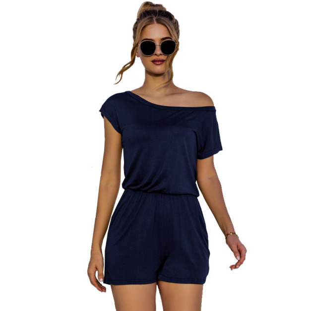 短袖圓領 露肩口袋連身短褲