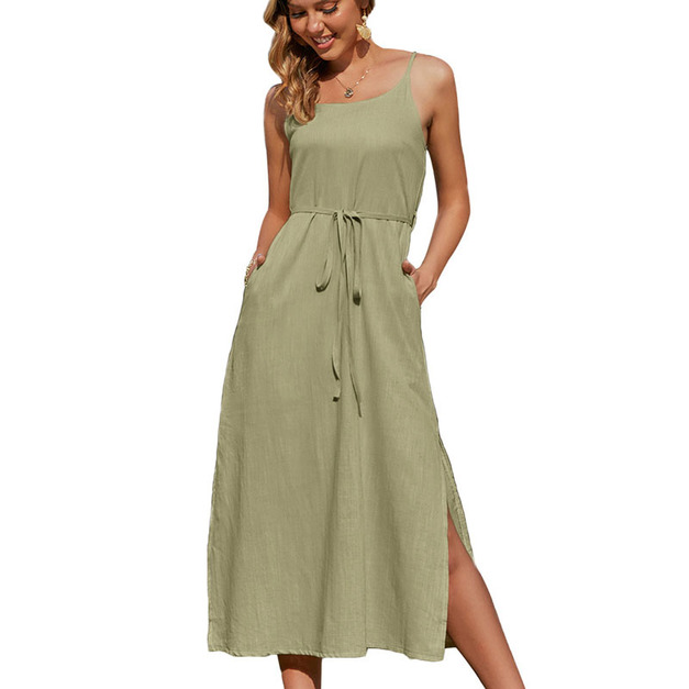棉麻吊帶洋裝 開叉休閒亞麻長裙