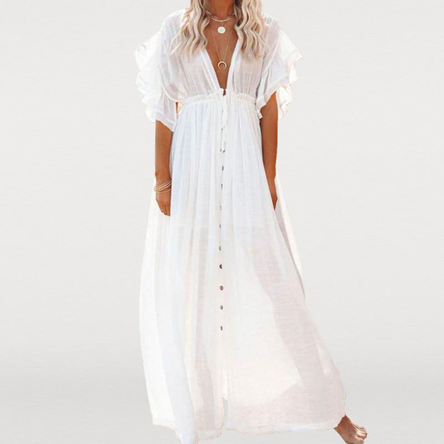 素色沙灘罩衫竹節布 釦子抽腰繩長洋裝防曬衫