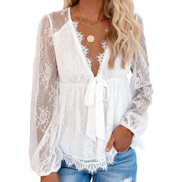 蕾絲繡花 拼接花邊蝴蝶結綁帶長袖上身