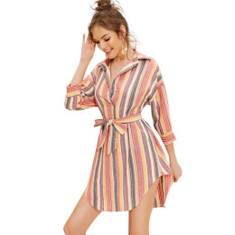 春秋時尚條紋設計燕尾中袖休閒洋裝女配腰帶