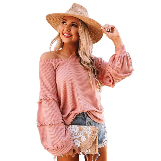 女士時尚休閒華夫格V領荷葉邊燈籠袖上身