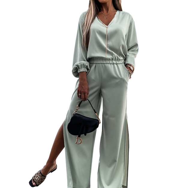 歐美夏季v領長袖休閒運動套裝兩件套