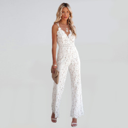 夏季素色蕾絲拼接無袖休閒吊帶連身褲