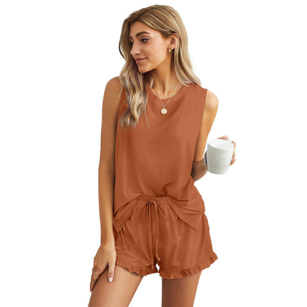 歐美夏季背心家居服木耳邊短褲加真抽繩套裝女士