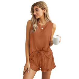 歐美夏季背心家居服木耳邊短褲加真抽繩套裝女士
