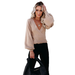 秋冬交叉V領素色針織衫歐美氣質套頭寬鬆毛衣女