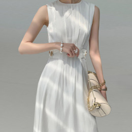 法式鎏光緞面裙女春夏氣質短袖高腰A擺chic洋裝