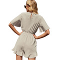 夏季歐美女裝素色單排扣V領短款高腰短袖連身褲_2