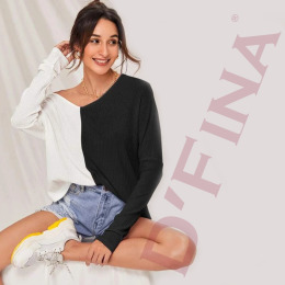 歐美撞色拼接V領休閒T恤長袖上身