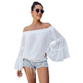 喇叭長袖雪紡露肩一字領鏤空寬鬆上身_1