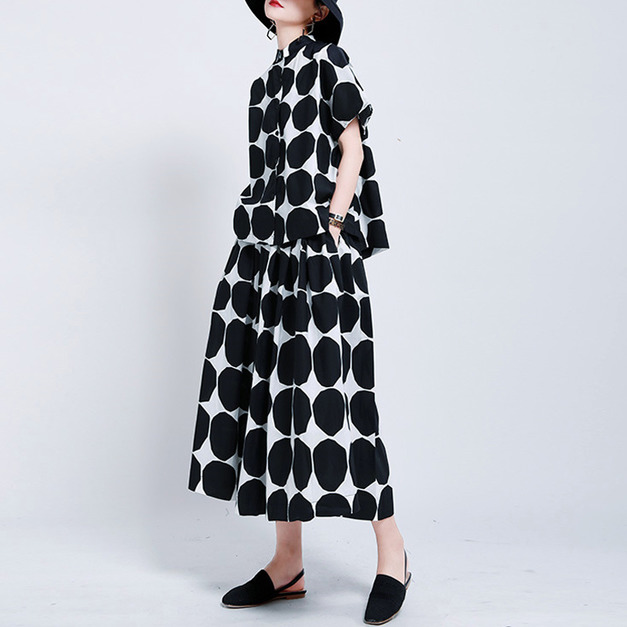 暗黑風黑白圓點點中長版A字裙高腰大擺傘