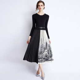 歐美洋裝長袖針織拼接百褶裙修身顯瘦打底小黑裙