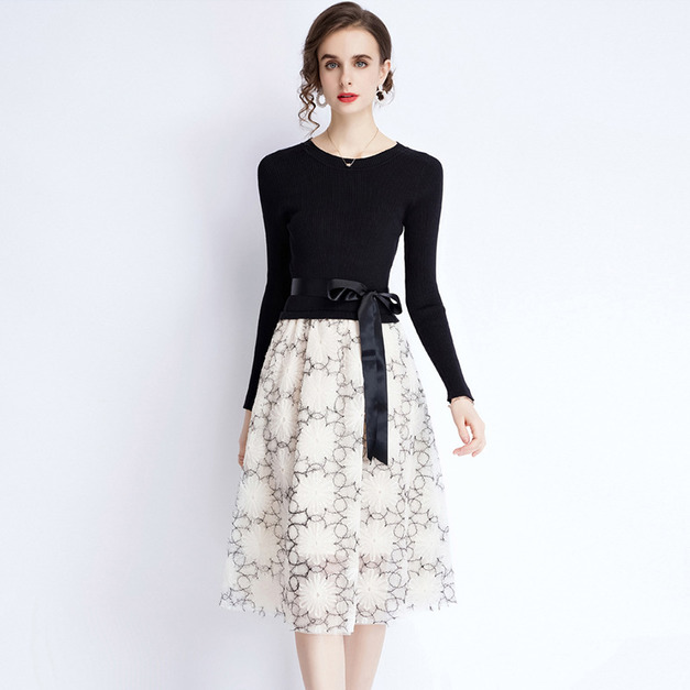 小黑裙洋裝針織網紗繫帶清新甜美氣質打底A字裙