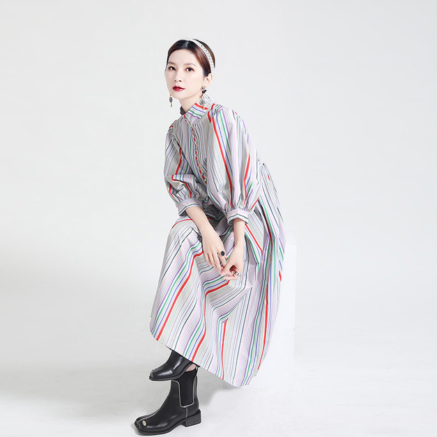 復古拼色彩虹條紋泡泡袖洋裝時髦氣質輕熟潮搭