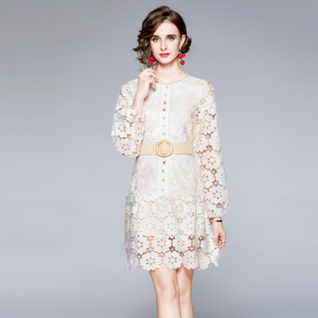 重工水溶蕾絲勾花鏤空配腰帶名媛氣質長袖洋裝