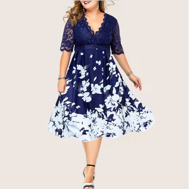 歐美印花蕾絲拼接棉花糖女孩洋裝