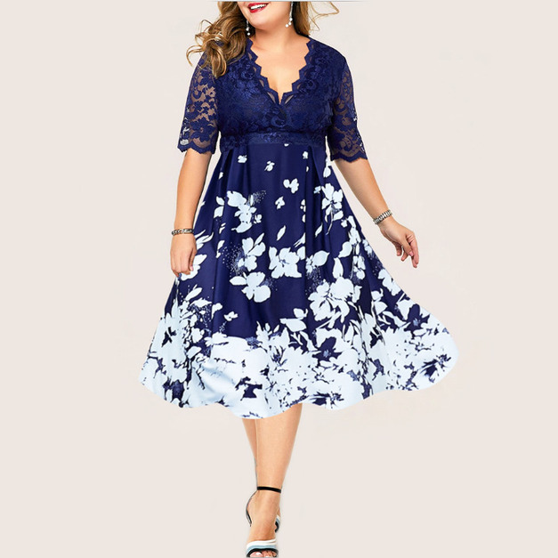 歐美印花蕾絲拼接棉花糖女孩洋裝