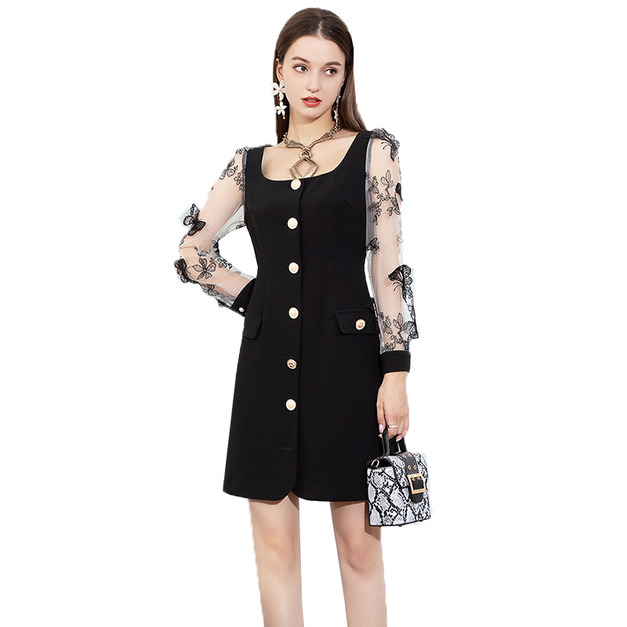 歐美時尚法式方領網紗長袖蝴蝶結洋裝