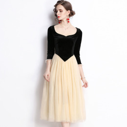 歐美洋裝絲絨拼接網紗名媛氣質九分袖打底裙子