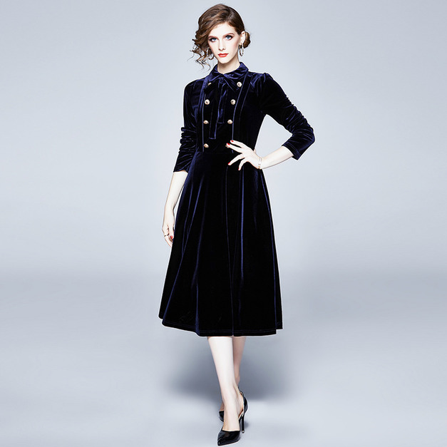 歐美洋裝雙排扣絲絨大擺顯瘦中長版打底裙子