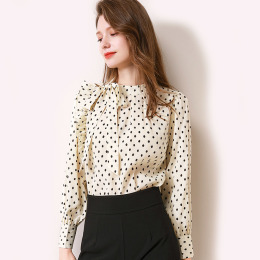 歐美不對稱蝴蝶結復古點點波長袖襯衫小衫上身
