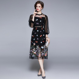 歐美重工刺繡洋裝高端洋氣碎花裙長袖氣質網紗裙