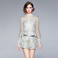 浮雕刺繡高腰闊腿短褲時尚套裝小個子洋氣荷葉邊網紗長袖上衣