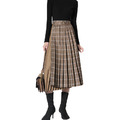 復古氣質高腰格紋拼接設計感百褶中長版半身裙_1