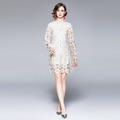 重工水溶蕾絲勾花鏤空配腰帶名媛氣質長袖洋裝_1
