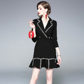 歐美小黑裙西裝領荷葉邊V領魚尾氣質職業裝洋裝