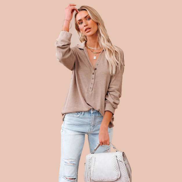 歐美翻領半開襟釦子寬鬆休閒上身