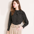 歐美不對稱蝴蝶結復古點點波長袖襯衫小衫上身_1