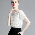 法式純白蕾絲短袖雪紡衫甜美蕾絲衫小衫