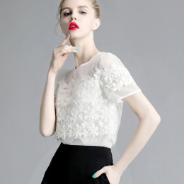 法式純白蕾絲短袖雪紡衫甜美蕾絲衫小衫