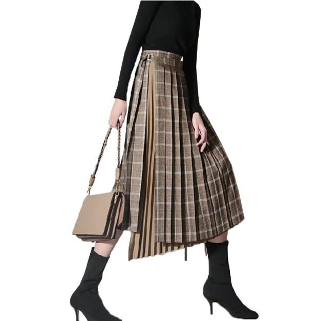 復古氣質高腰格紋拼接設計感百褶中長版半身裙