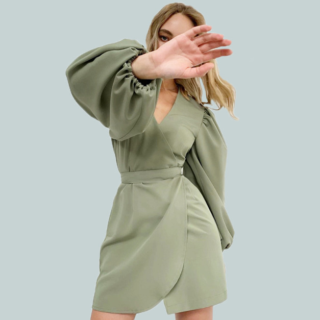 歐美V領高腰燈籠袖女士法式洋裝長袖短裙