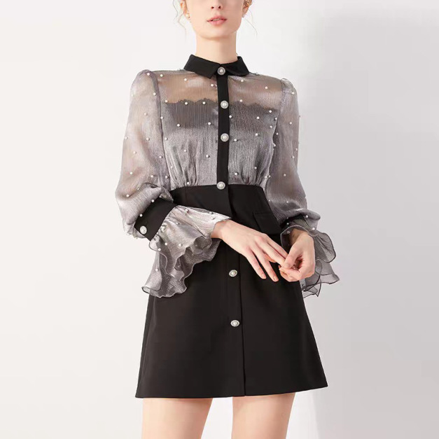 女裝法式複古宮廷風禮服拼接歐根紗時尚小香風洋裝