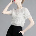 法式純白蕾絲短袖雪紡衫甜美蕾絲衫小衫_1