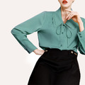 職業長袖襯衫女簡約輕奢三層領繫帶素色打底小衫_2