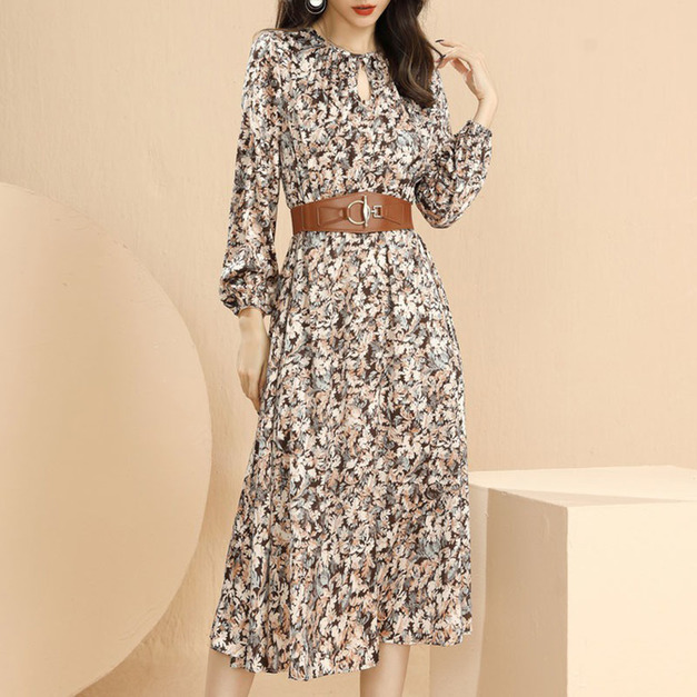 復古氣質印花裙圓領碎花收腰繫帶洋裝