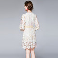 重工水溶蕾絲勾花鏤空配腰帶名媛氣質長袖洋裝_2