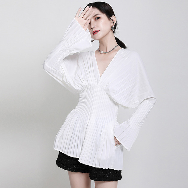 歐美百褶收腰V領印花襯衫設計感小眾喇叭袖上身